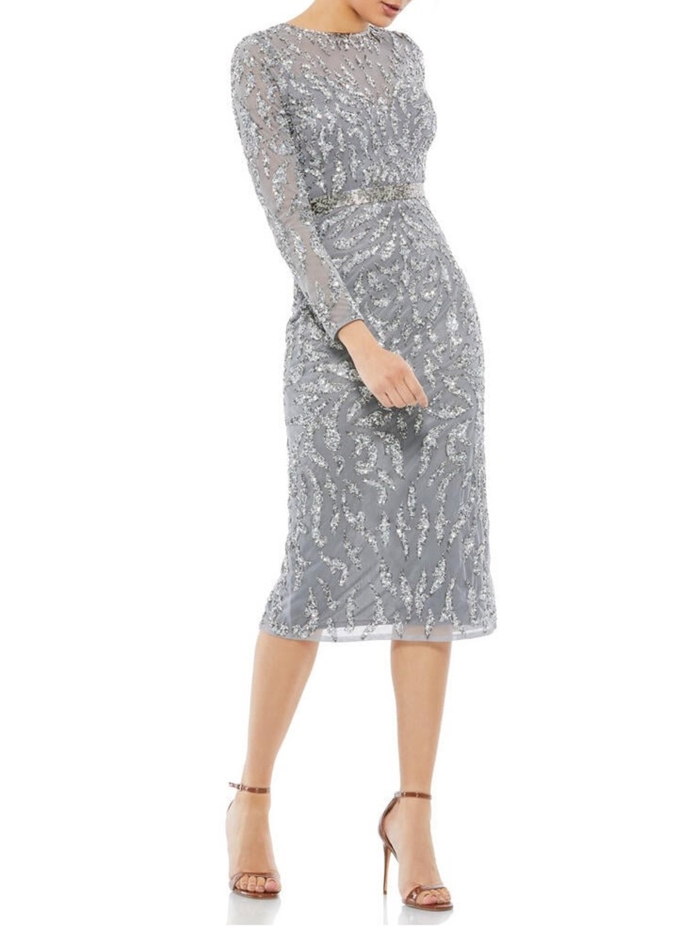 Mac Duggal Gray Long Sleeve High Neck Embellished Midi Dress 5521 Size 8 NWT